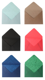 Image of Set of bright envelopes on white background