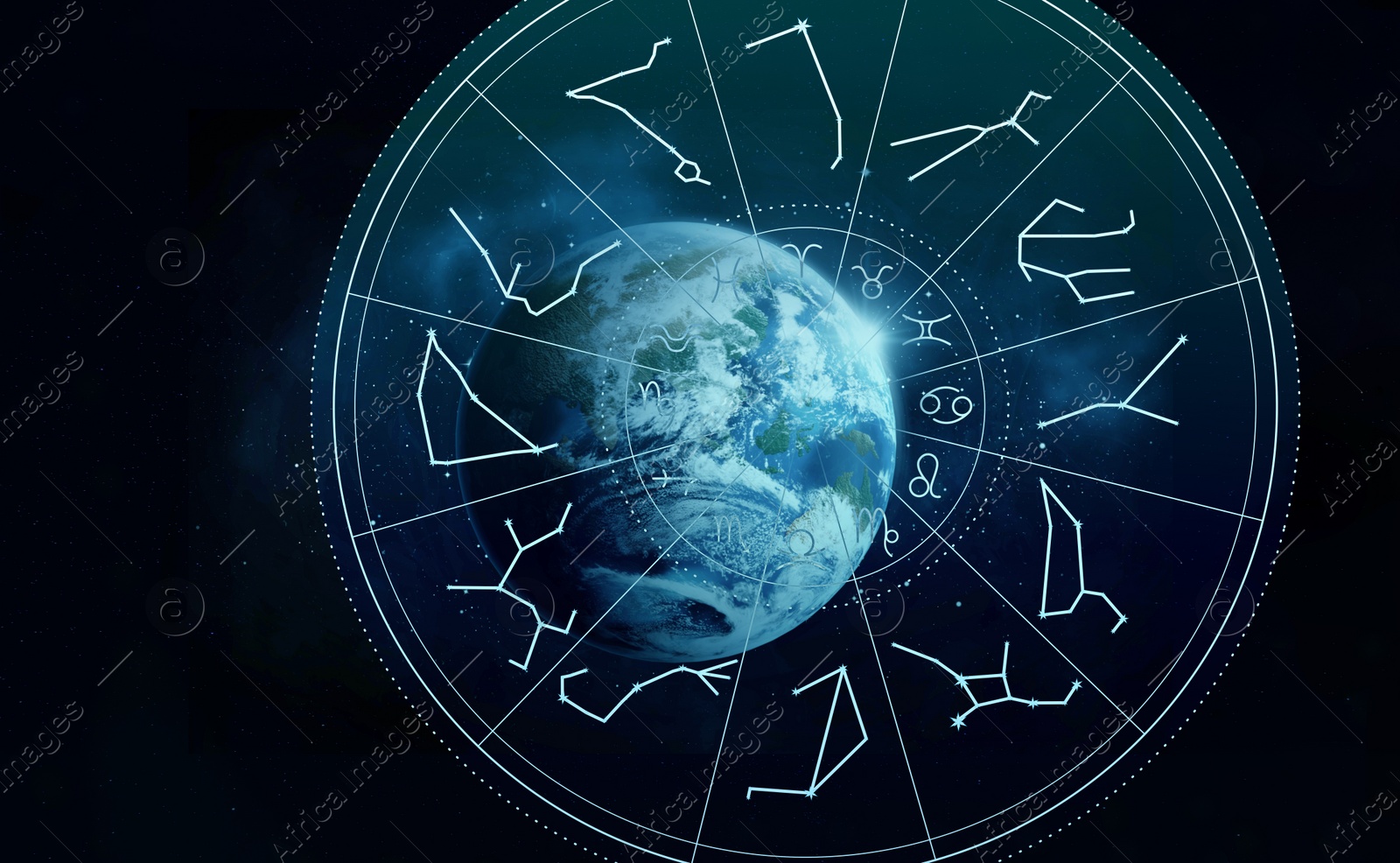 Image of Zodiac wheel with astrological signs and constellations overlaying Earth in open space, illustration