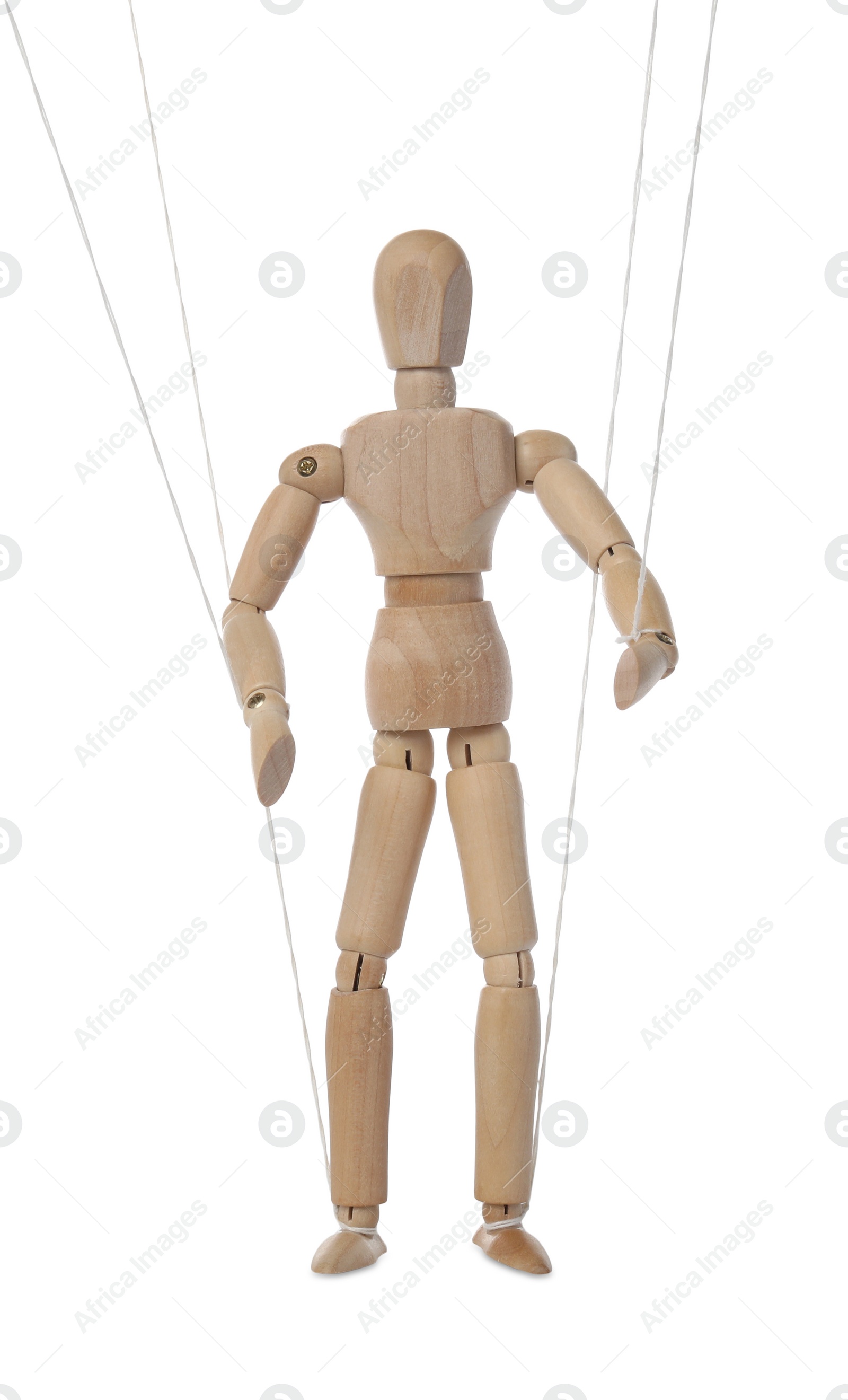 Photo of One wooden puppet with strings on white background