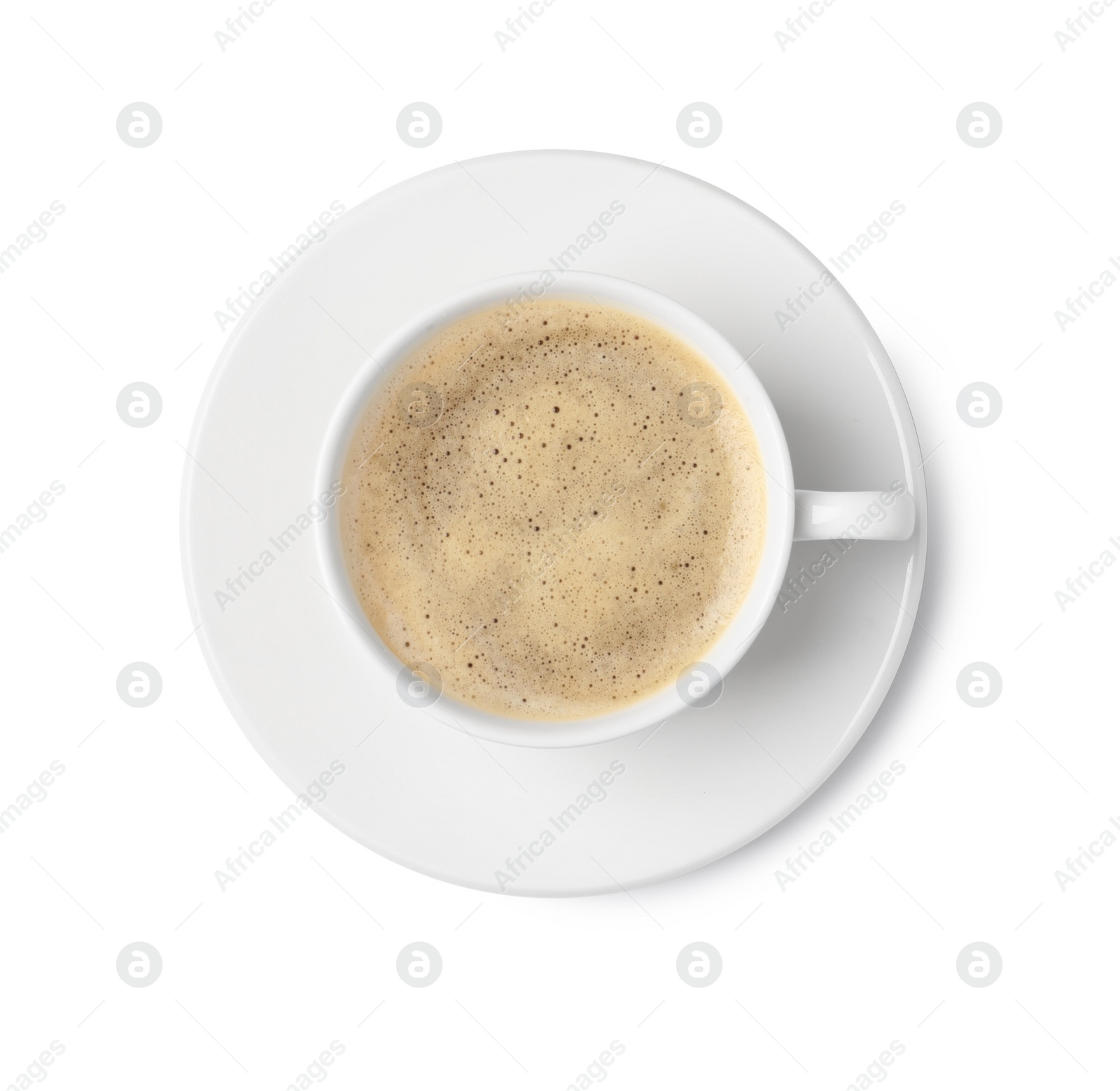 Photo of Tasty coffee in cup isolated on white, top view