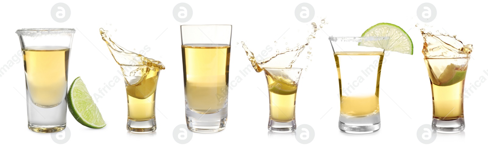 Image of Set of Mexican Tequila shots on white background. Banner design