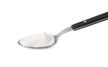 Photo of One spoon with mayonnaise isolated on white
