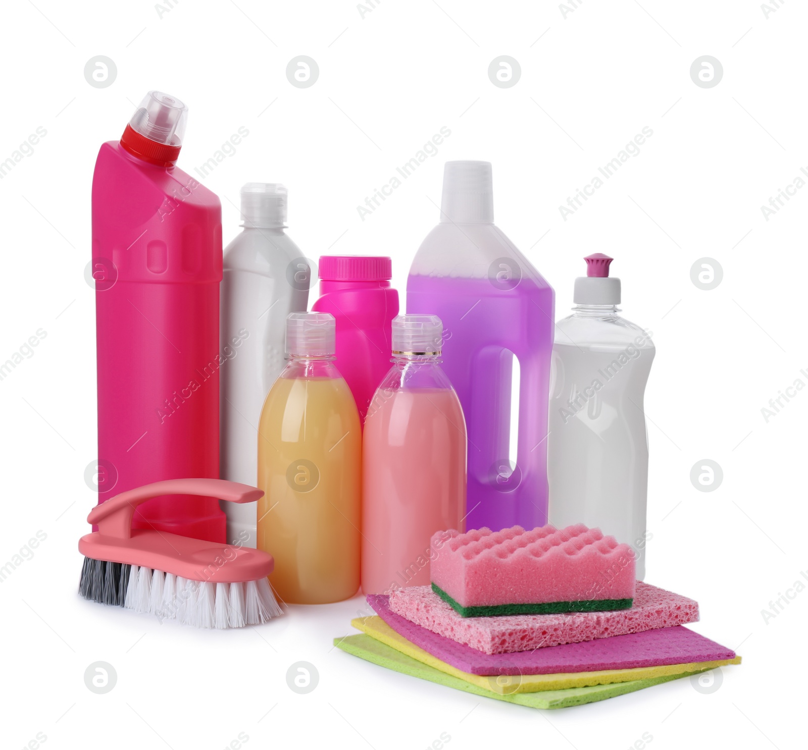 Photo of Set of different cleaning supplies on white background