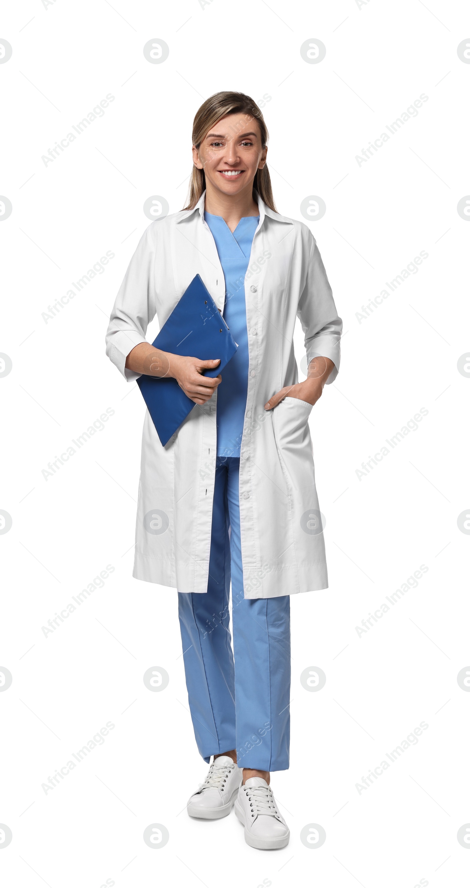 Photo of Portrait of happy doctor with clipboard on white background