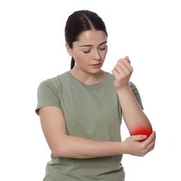 Woman suffering from rheumatism on white background