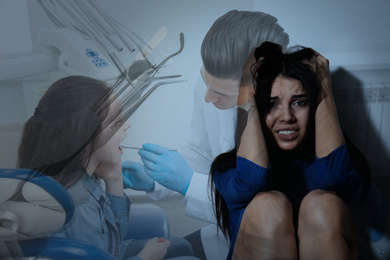 Image of Odontophobia concept. Double exposure of scared woman and dentist appointment