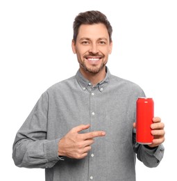 Photo of Happy man holding red tin can with beverage on white background