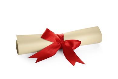 Image of Rolled student's diploma with red ribbon isolated on white