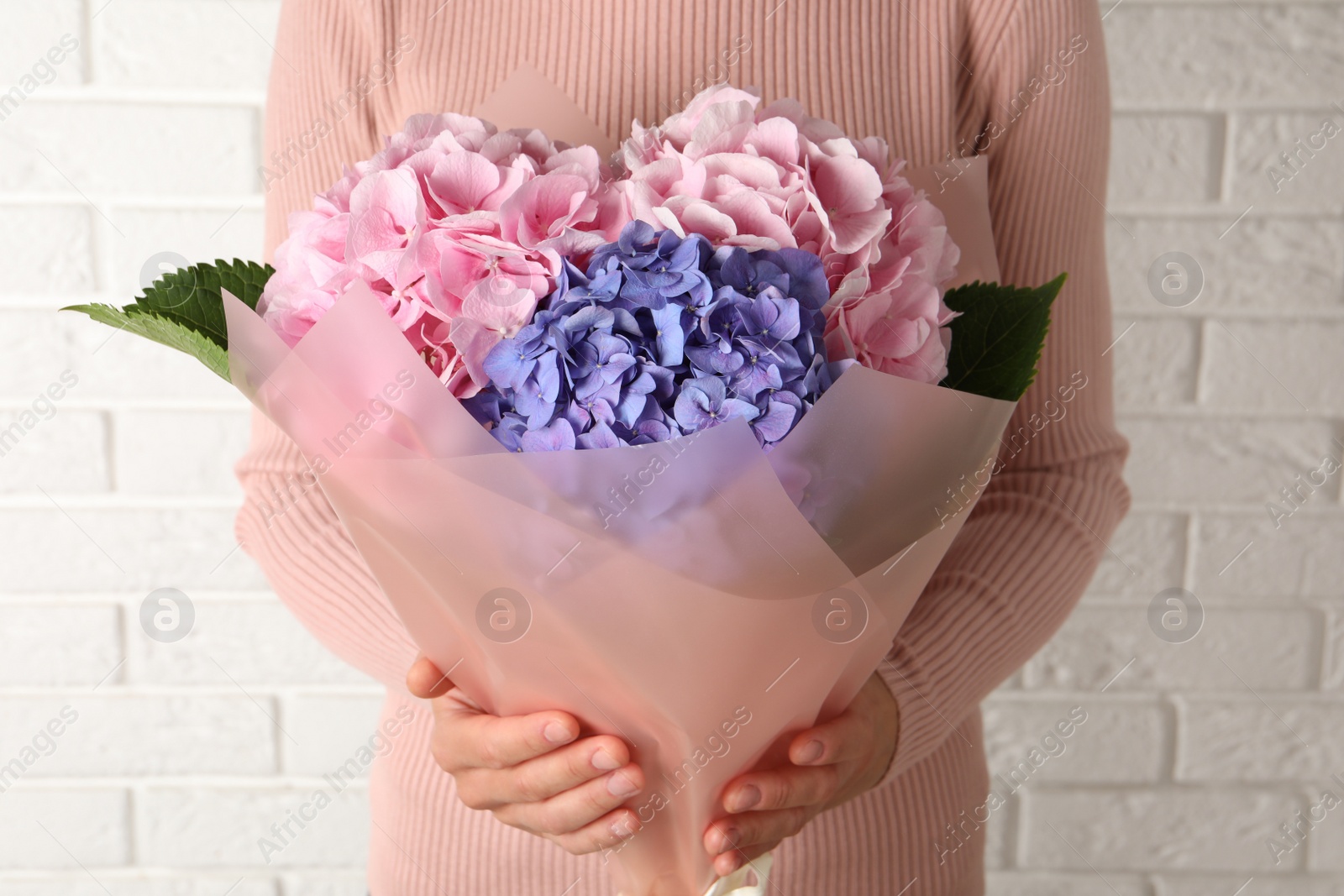 Photo of Woman with bouquet of beautiful hortensia flowers near white brick wall, closeup