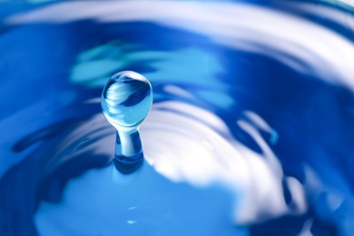 Photo of Drop falling into clear water on blue background, closeup