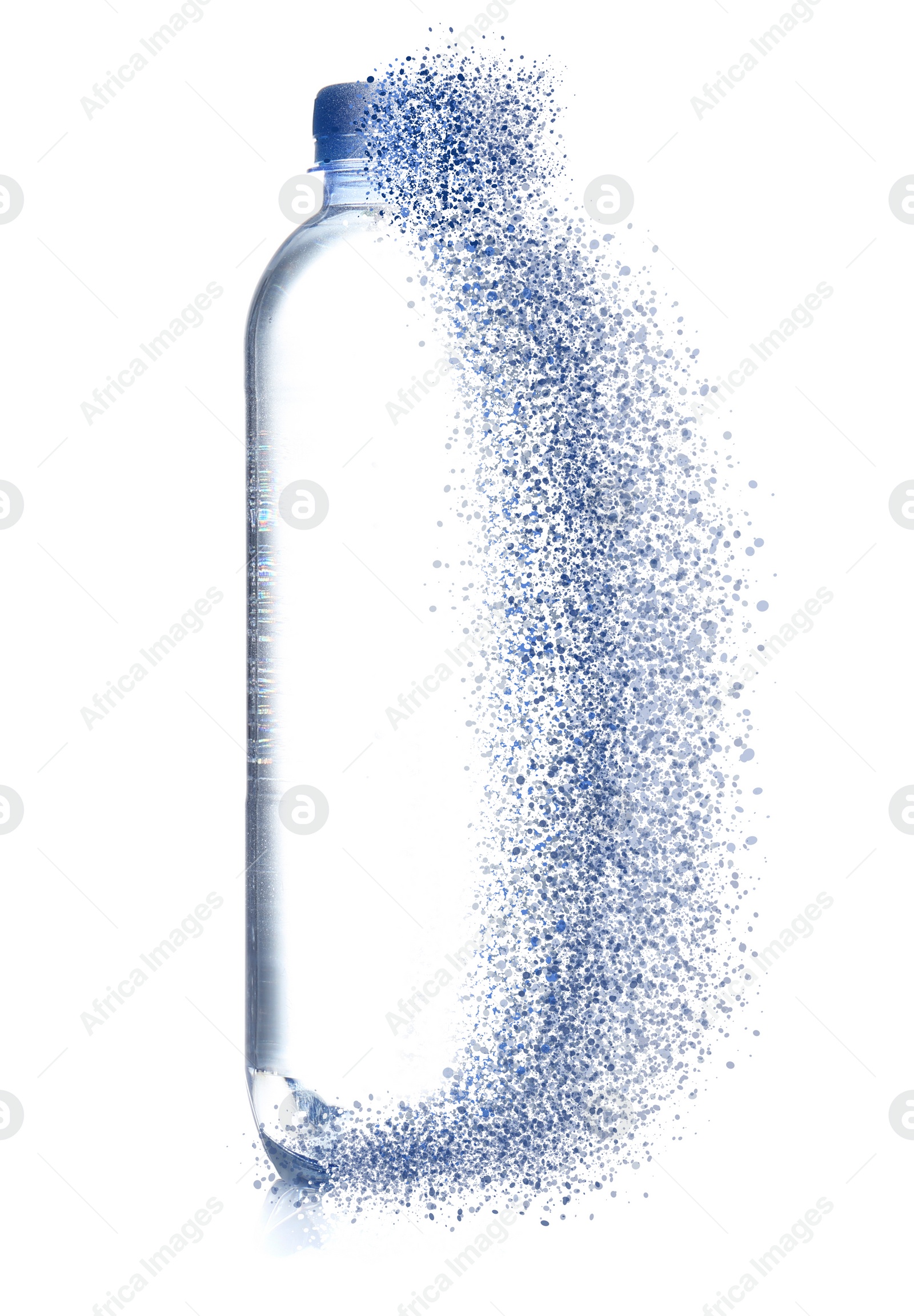 Image of Bottle of water vanishing on white background. Plastic decomposition