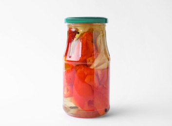 Photo of Jar with pickled bell peppers on white background