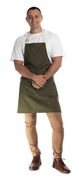 Photo of Full length portrait of happy young waiter in uniform on white background