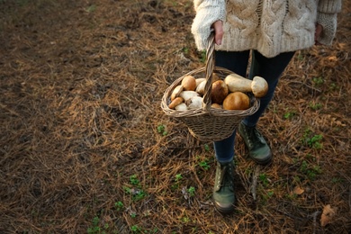 Photo of Woman holding basket with porcini mushrooms in forest, closeup