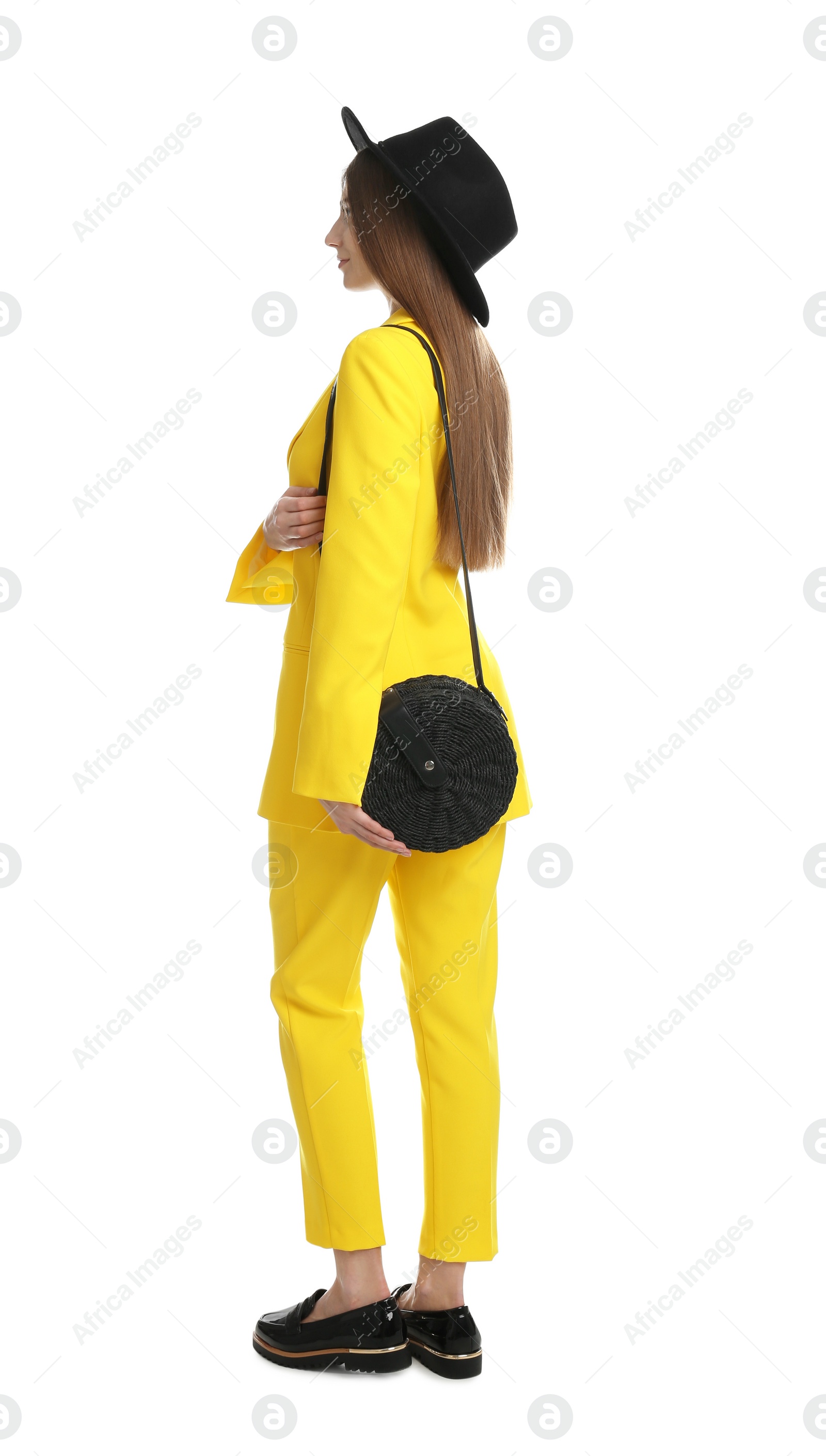 Photo of Beautiful young woman with stylish bag on white background