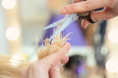 Photo of Professional hairdresser working with client in salon