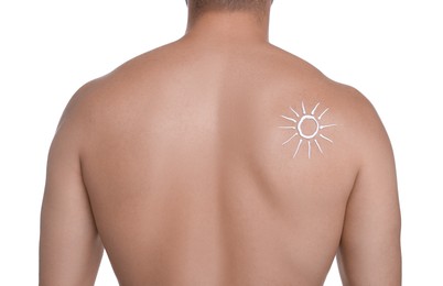 Photo of Man with sun protection cream on his back against white background, closeup