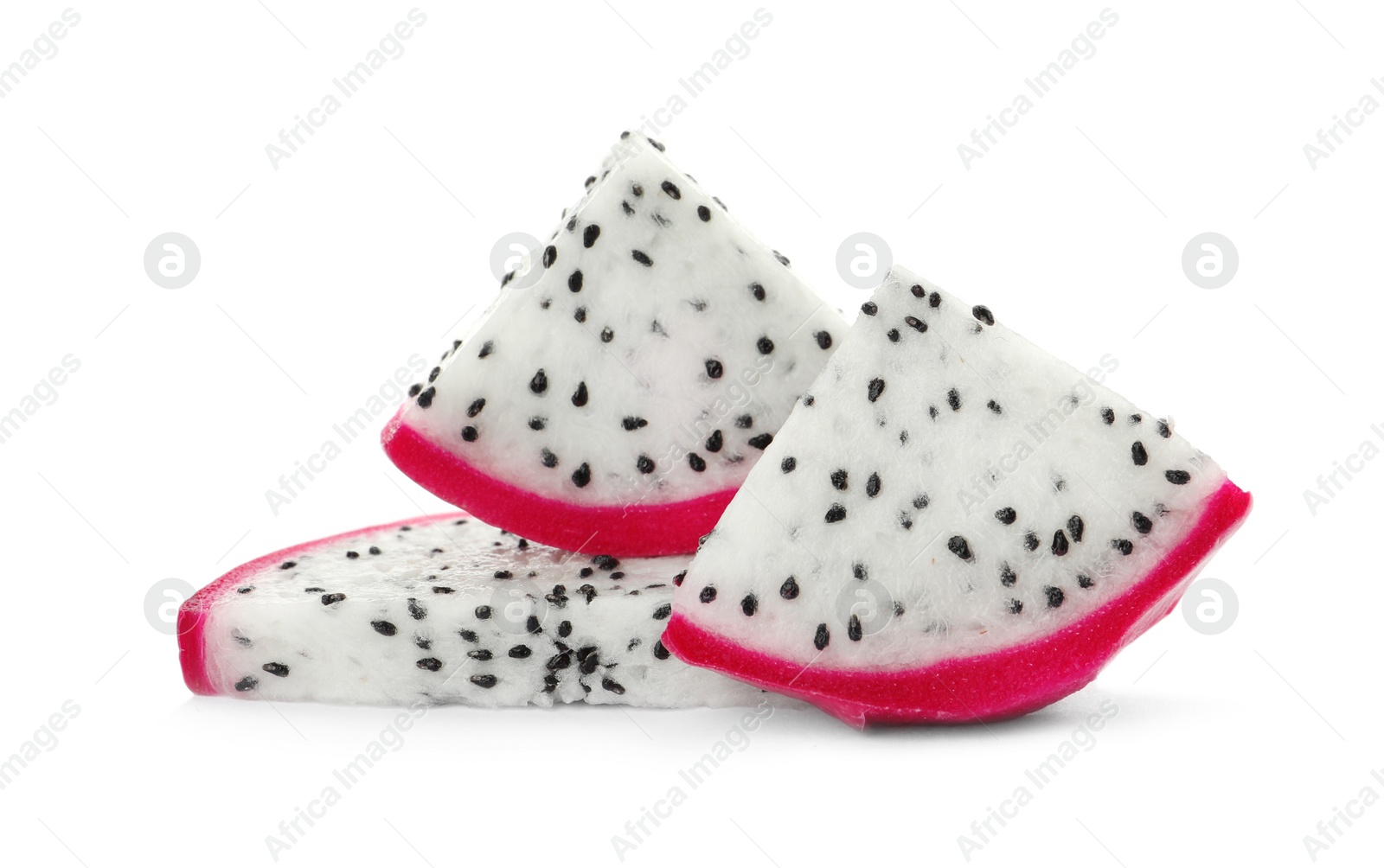 Photo of Slices of delicious ripe dragon fruit (pitahaya) on white background