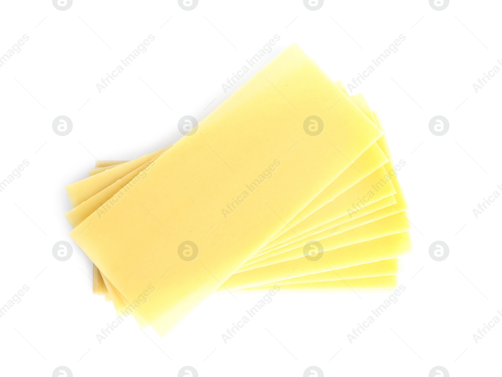 Photo of Stack of uncooked lasagna sheets isolated on white, top view