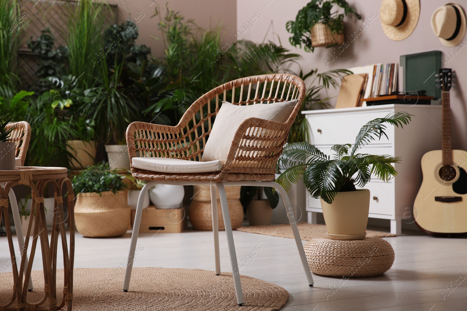 Photo of Room interior with stylish furniture and different houseplants