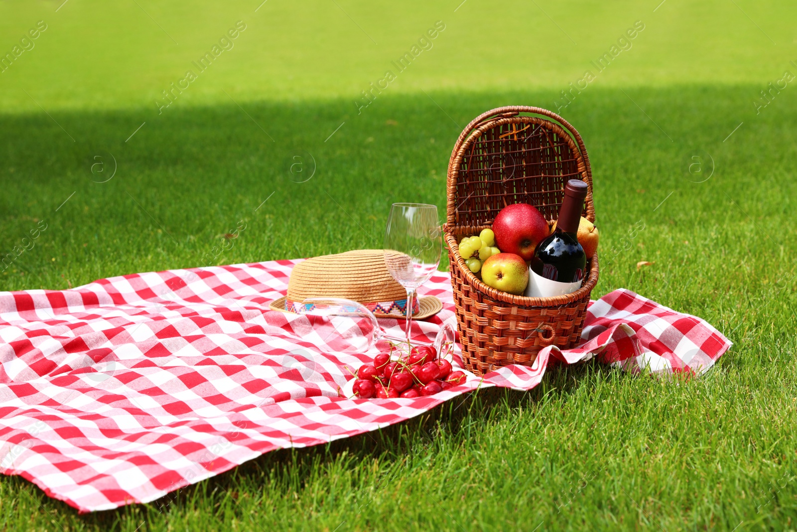 Photo of Picnic basket with fruits and bottle of wine on checkered blanket in garden