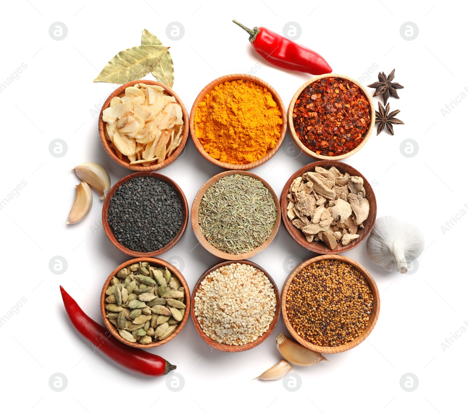 Photo of Beautiful composition with different aromatic spices on white background