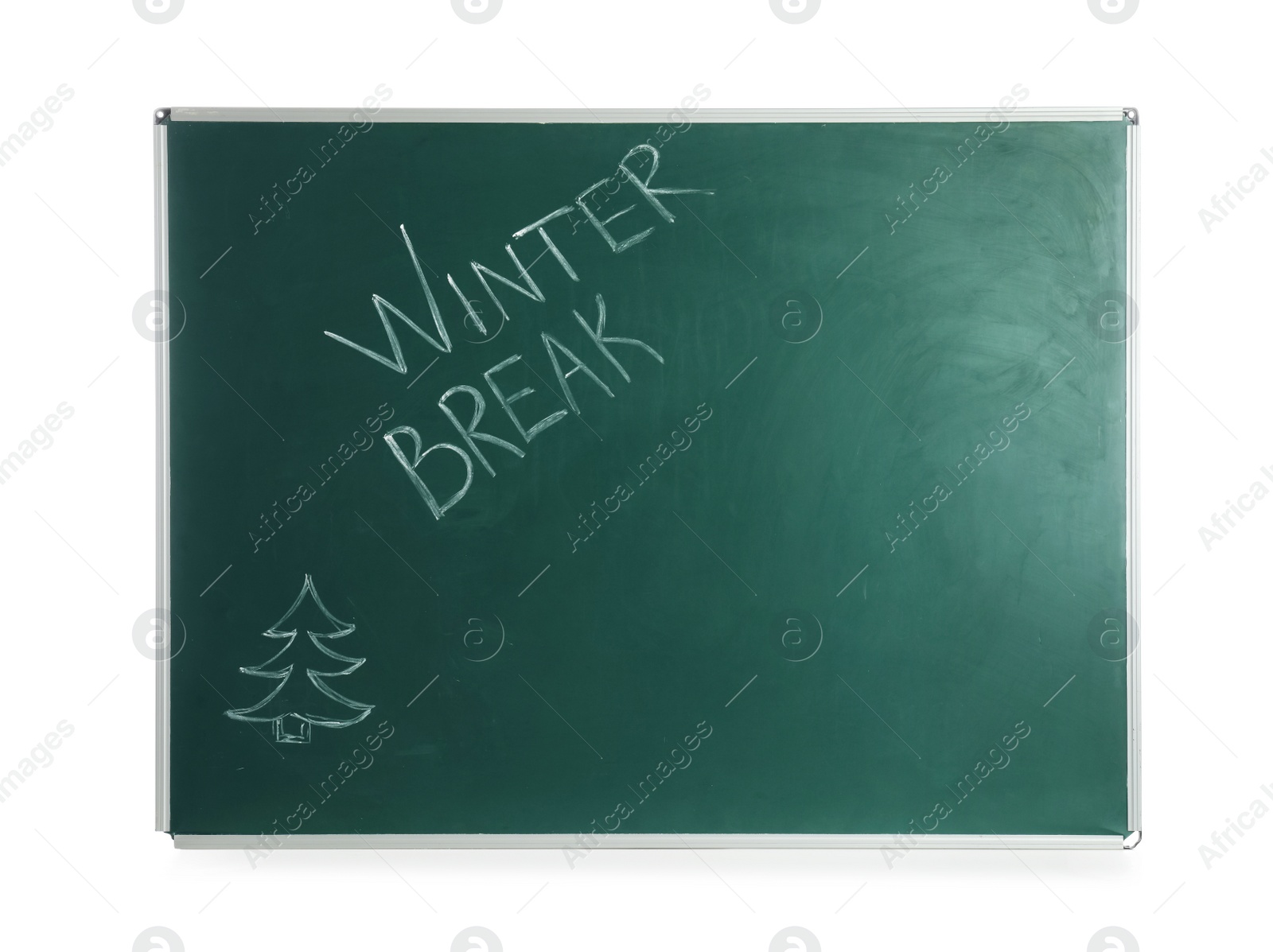 Photo of Green chalkboard with text Winter Break isolated on white. School holidays