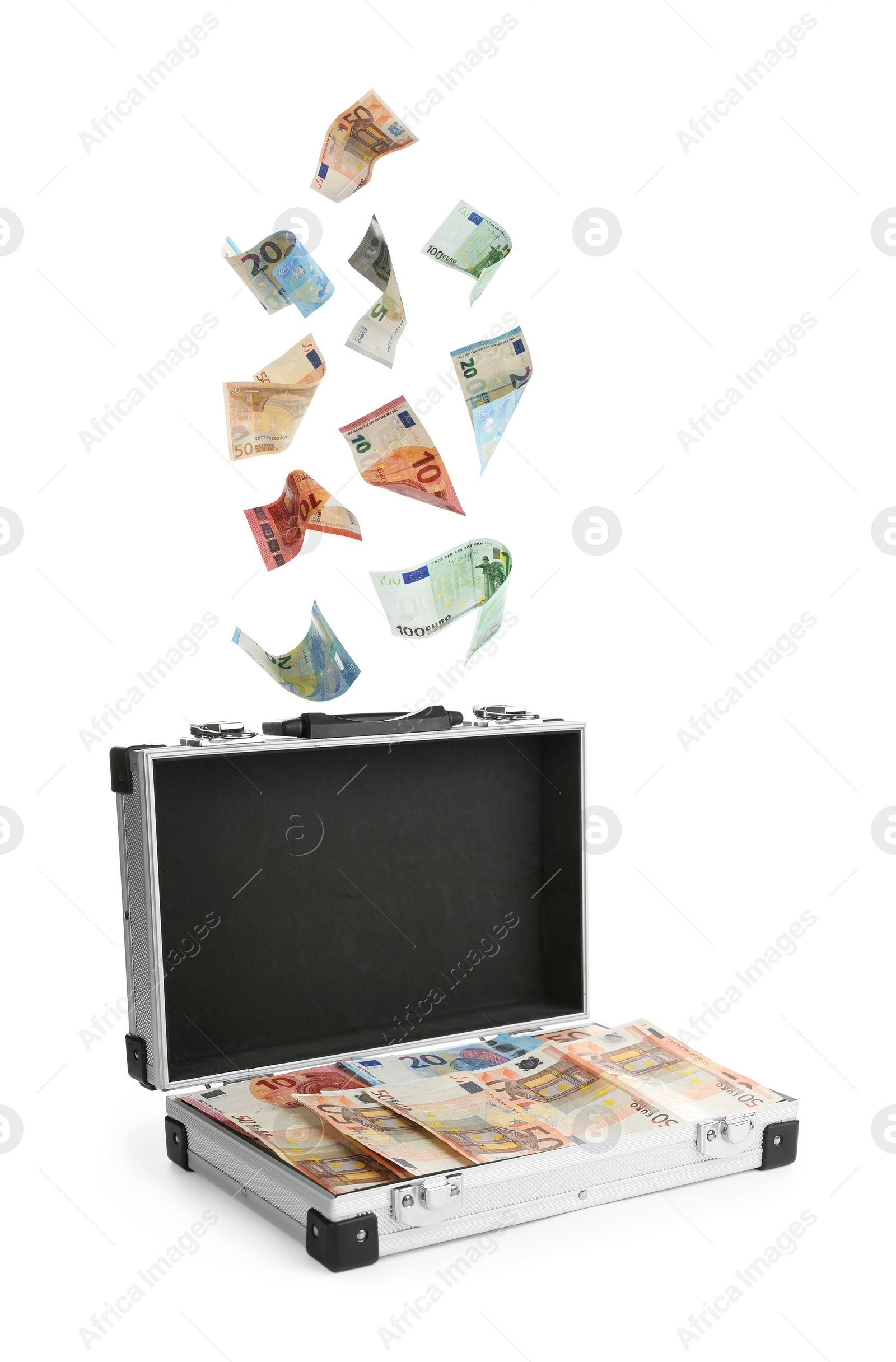 Image of Metal case full of money on white background