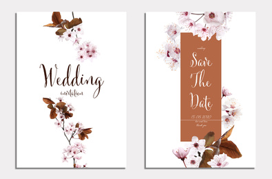 Image of Beautiful wedding invitation and Save The Date with floral design on light background, top view