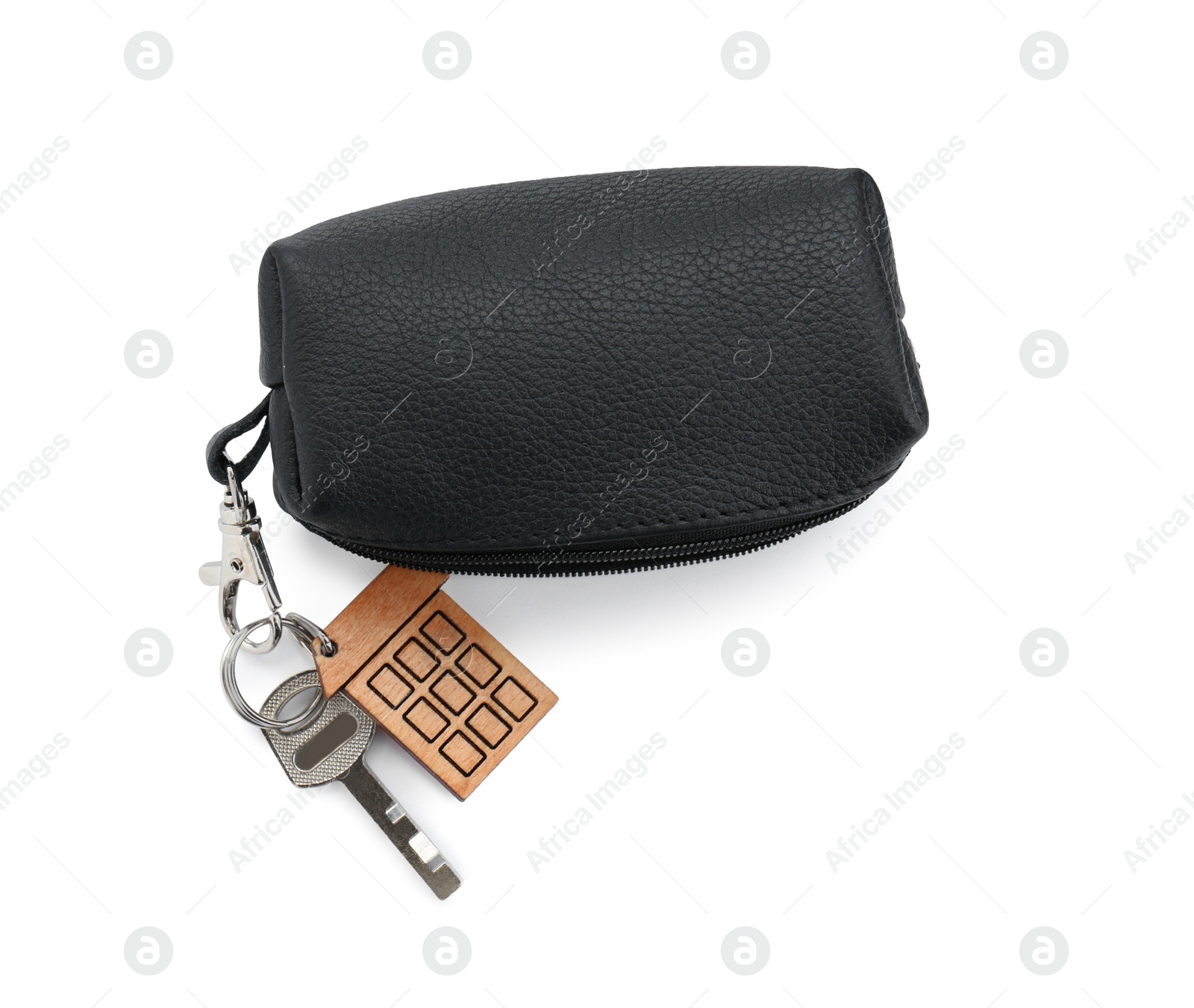 Photo of Leather case with key isolated on white, top view