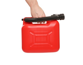 Man holding red canister on white background, closeup