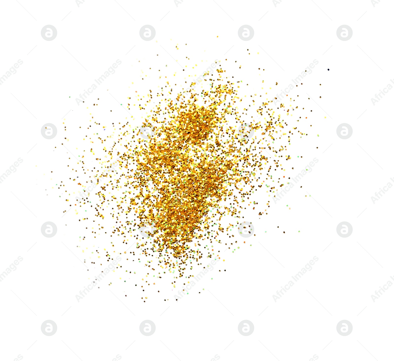 Photo of Shiny golden glitter on white background, top view