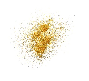 Photo of Shiny golden glitter on white background, top view