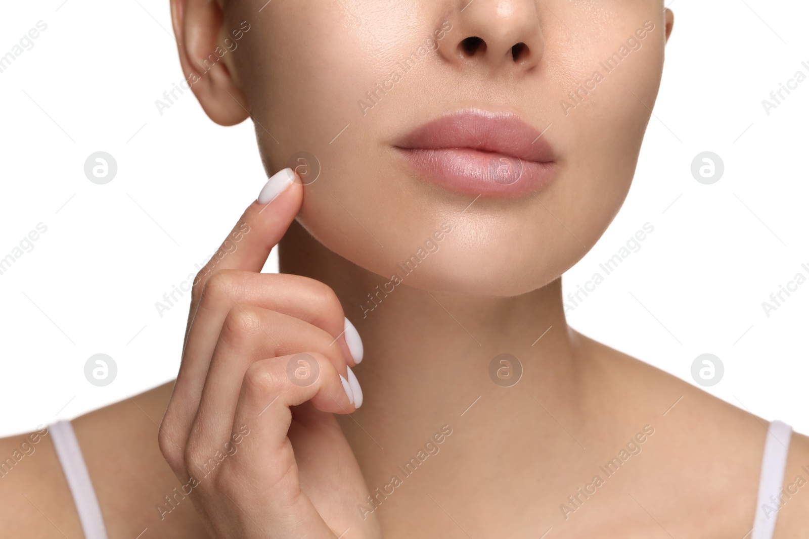 Photo of Young woman with dry skin on white background, closeup