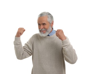 Happy senior sports fan celebrating isolated on white