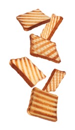 Slices of tasty toasted bread falling on white background