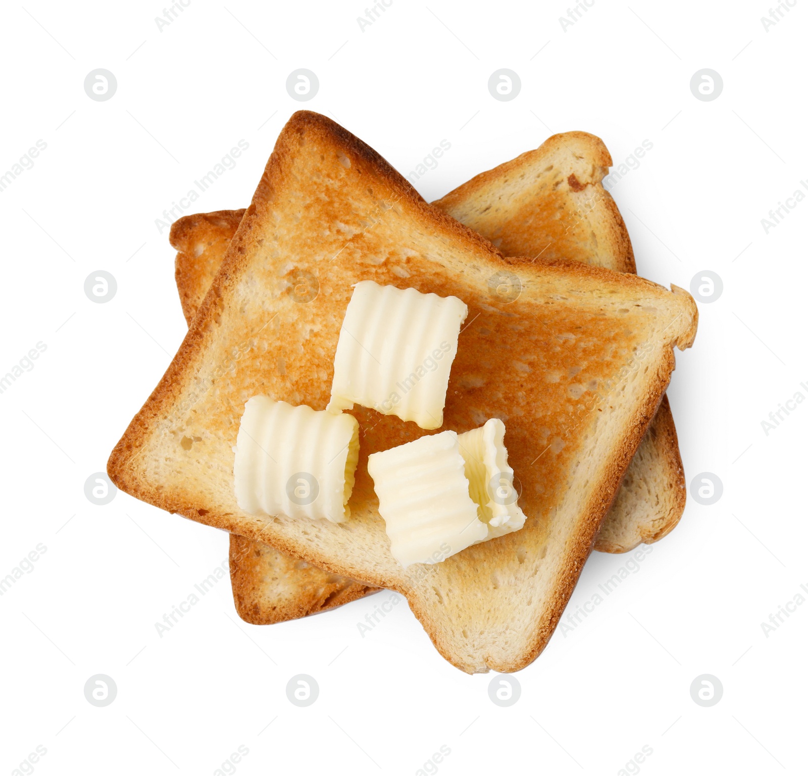 Photo of Tasty butter curls and toasts isolated on white, top view