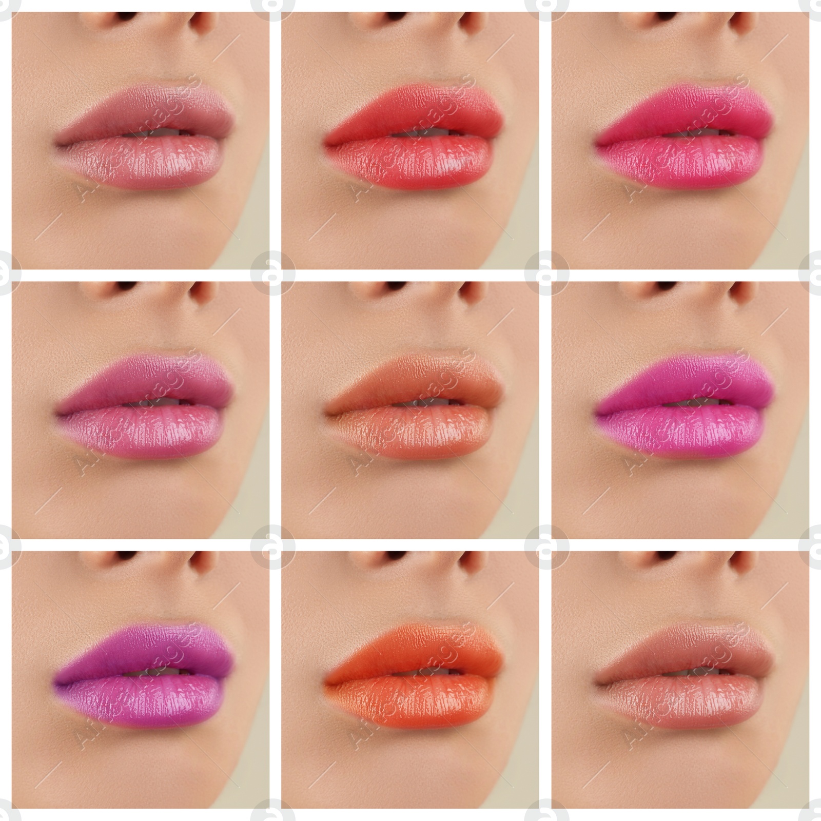 Image of Young woman with different color lipsticks, collage