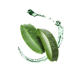 Image of Sliced aloe vera leaf and splashes of juice on white background