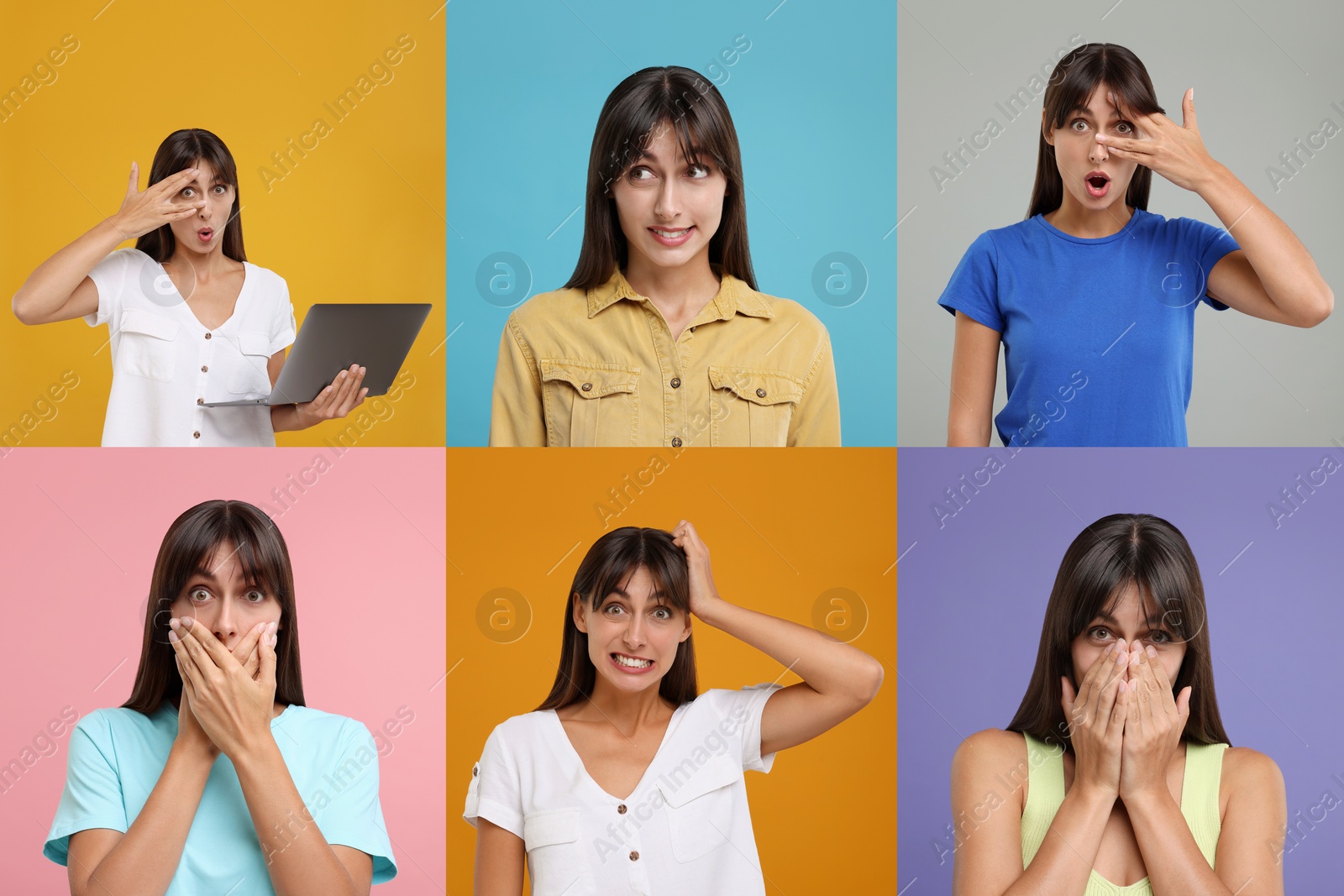 Image of Collage with photos of embarrassed woman on different color backgrounds