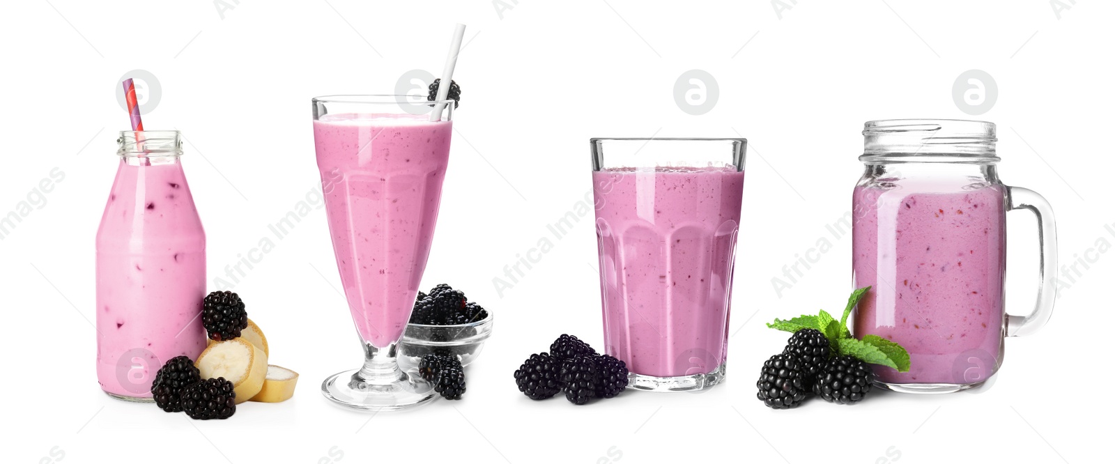 Image of Set with delicious blackberry smoothies on white background. Banner design