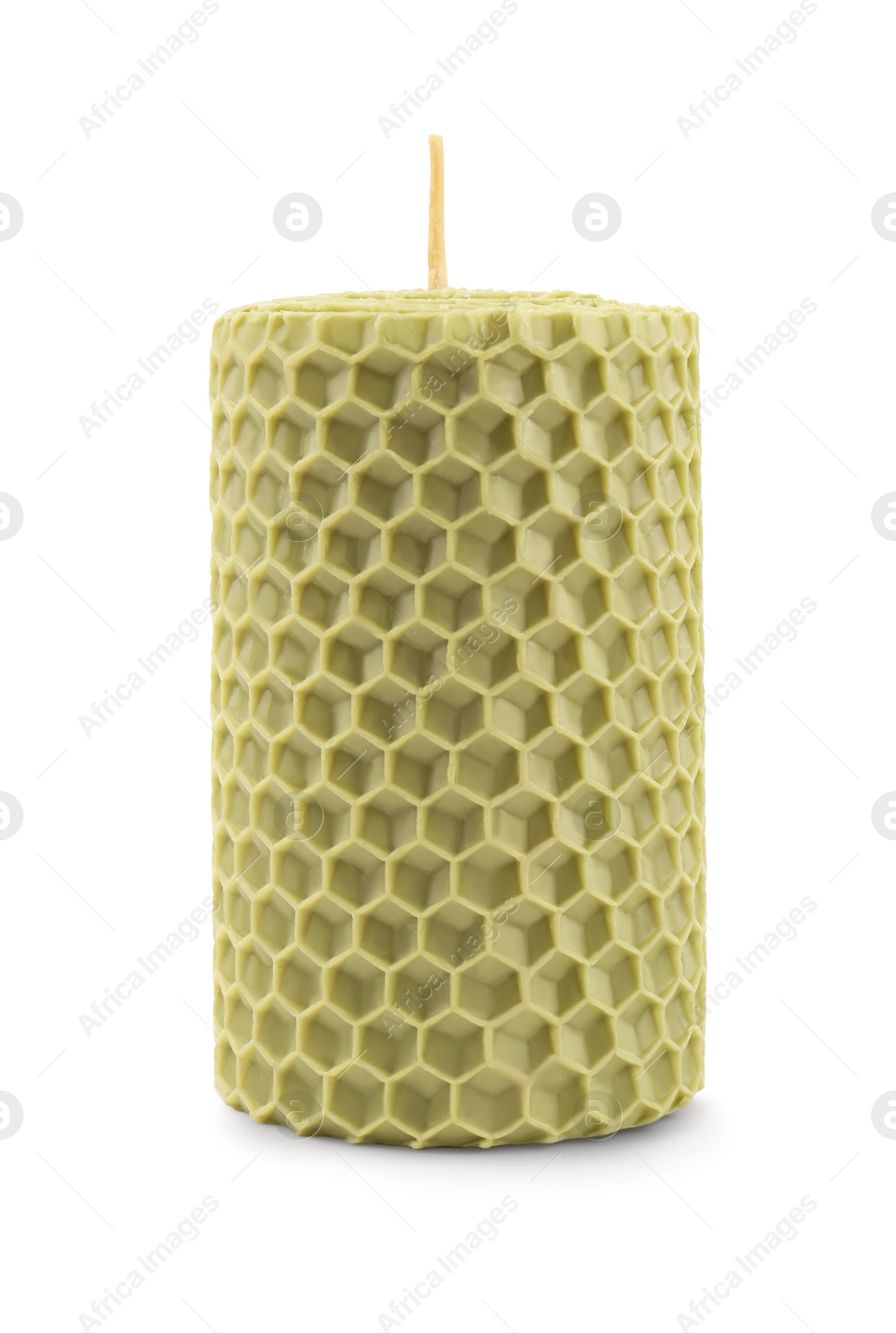 Photo of Stylish elegant beeswax candle isolated on white