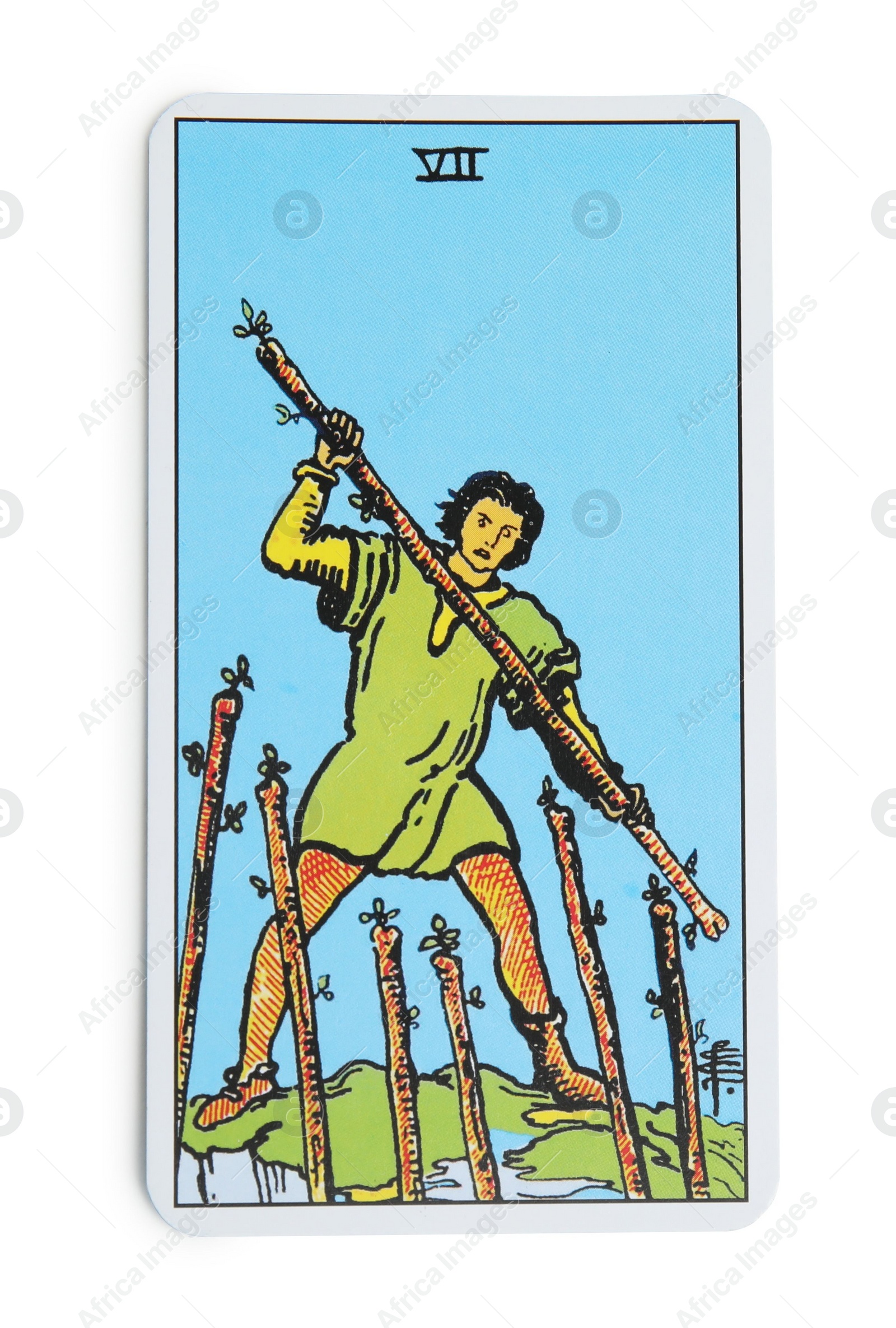 Photo of Seven of Wands isolated on white. Tarot card