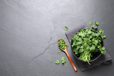 Photo of Bunch of fresh aromatic cilantro on grey table, flat lay. Space for text