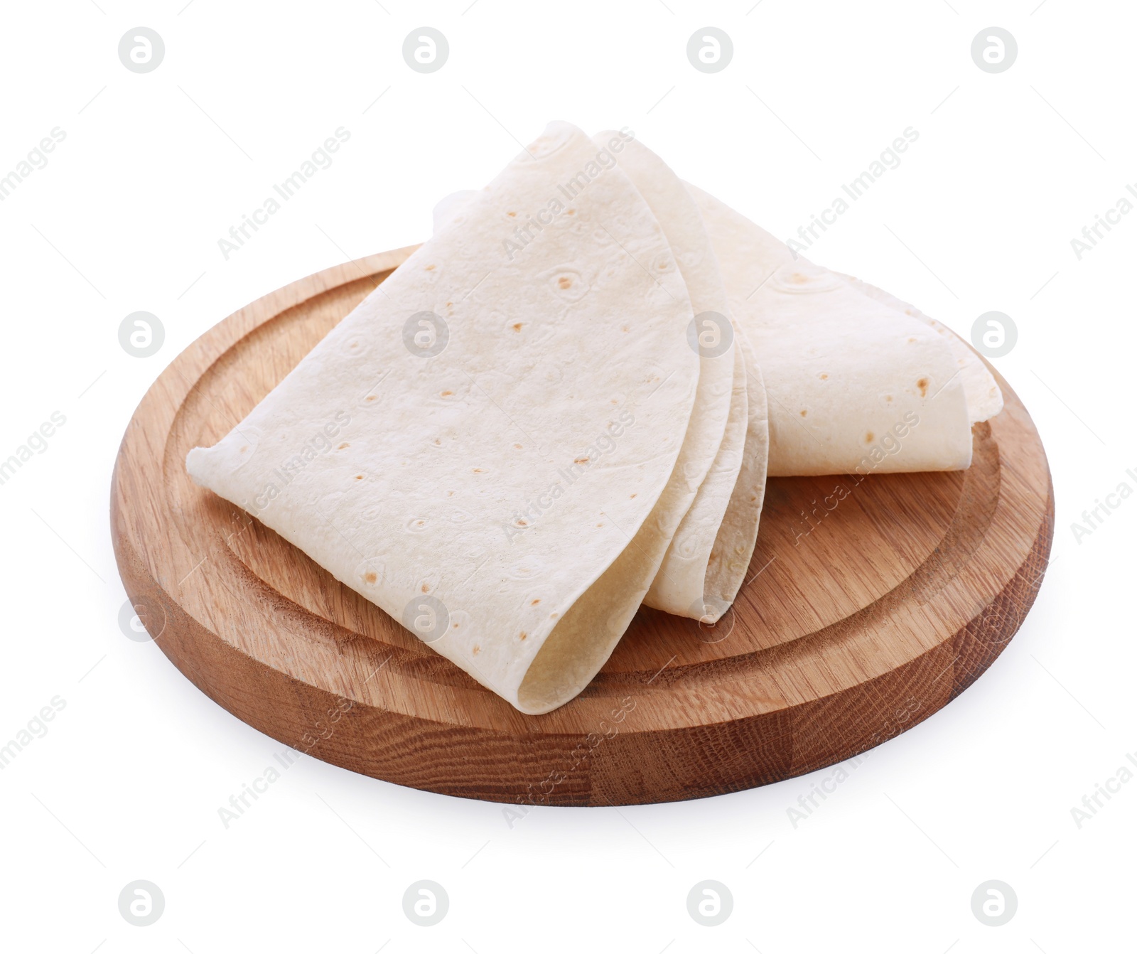 Photo of Wooden tray with delicious Armenian lavash on white background