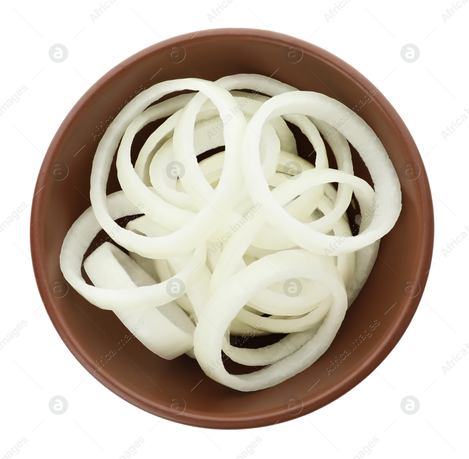 Photo of Raw onion rings in brown bowl isolated on white, top view