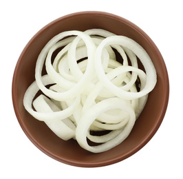 Photo of Raw onion rings in brown bowl isolated on white, top view