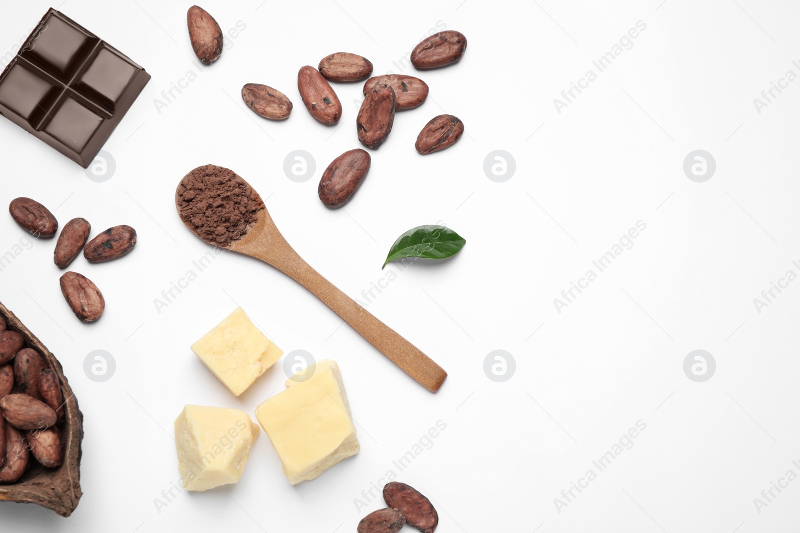 Photo of Composition with organic cocoa butter on white background, top view