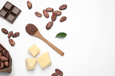 Composition with organic cocoa butter on white background, top view