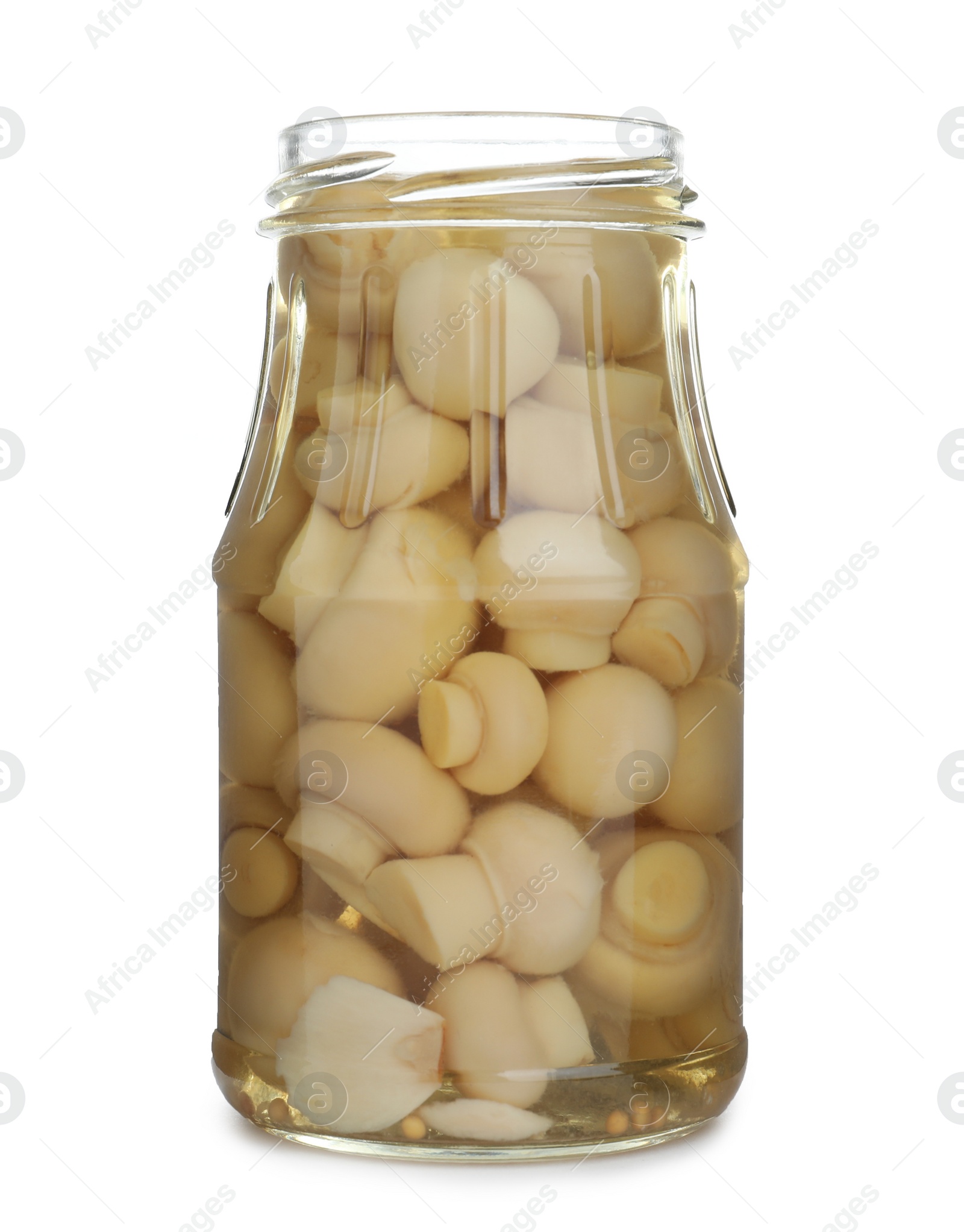 Photo of Glass jar with pickled mushrooms isolated on white